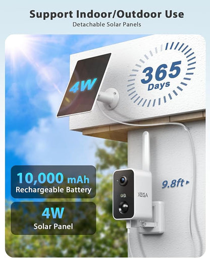 Xega 4G Cellular Security Camera: 10000mAh Battery, No WiFi Need, Pan 180°, Motion Detection, 2K Color Night Vision, 2-Way Audio, Siren Alarm, TF/Cloud IP66, Built-in SIM Card, Indoor and Outdoor