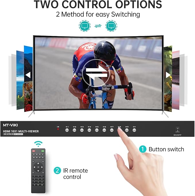 MT-VIKI 4K HDMI Multi-Viewer 16x1 w/IR Remote, 4K@30Hz Seamless HDMI Switcher 16 in 1 Out for PS4/PS5/Security Camera