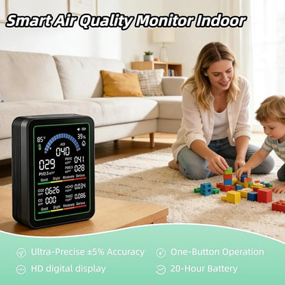 Smart Air Quality Monitor Indoor for Home, Portable CO2 Detector for Travel, Multi Pollutant Air Quality Tester for CO2, VOC, HCHO, PM2.5, PM10, PM0.3, Temperature and Humidity, Digital Display