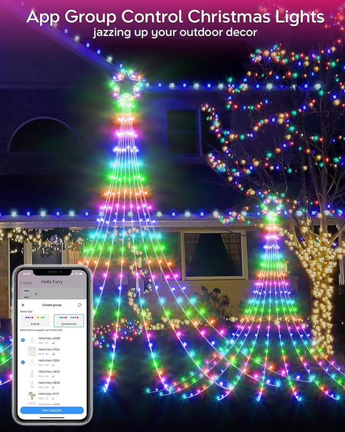 Smart Outdoor Christmas Waterfall Star String Lights, 12FT Dynamic RGB Led Tree Lights DIY Color Changing App Remote Control Unique Yard Lights for Outside Roof Home Xmas Holiday Decorations