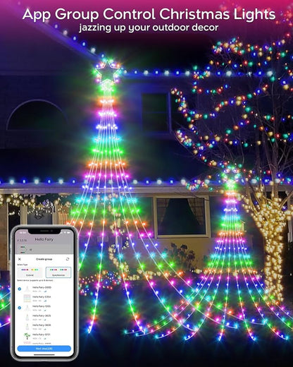 Smart Outdoor Christmas Waterfall Star String Lights, 12FT Dynamic RGB Led Tree Lights DIY Color Changing App Remote Control Unique Yard Lights for Outside Roof Home Xmas Holiday Decorations