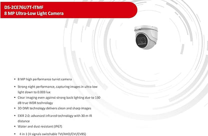 DS-2CE76U7T-ITMF 4K 8MP TVI Camera, Analog Security CCTV 4 in 1 ( TVI/AHD/CVI/CVBS), 0.003 Lux Ultra Low Light Turret Dome Camera, 2.8mm Wide Angle Lens, 130 dB True WDR, 30 m IR distance, IP67