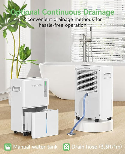 1500 Sq.ft Dehumidifier for Basement, Trazico 21 Pint Quiet Dehumidifiers for Home with Drain Hose, Smart Humidity Control, 3 Modes, 24H Timer, Auto Defrost, for Large Room, Bedroom, and Bathroom