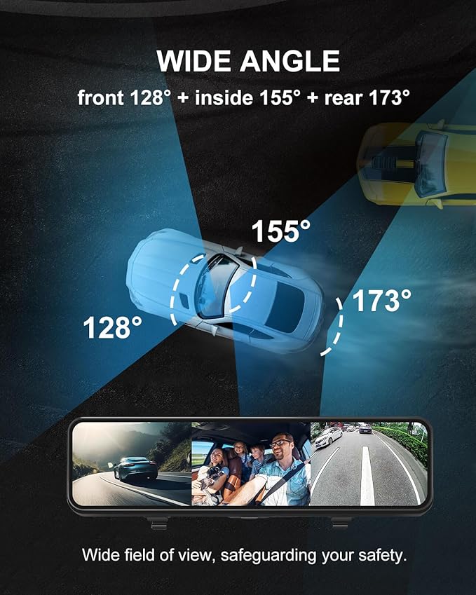 4K 3 Channel Mirror Dash Cam, 10.88" Triple Rear View Mirror Dash Camera Front Inside Rear for Car RV Truck, Night Vision, 64GB Card, WDR, G-Sensor, 24H Parking Monitor (INS102-3CH)