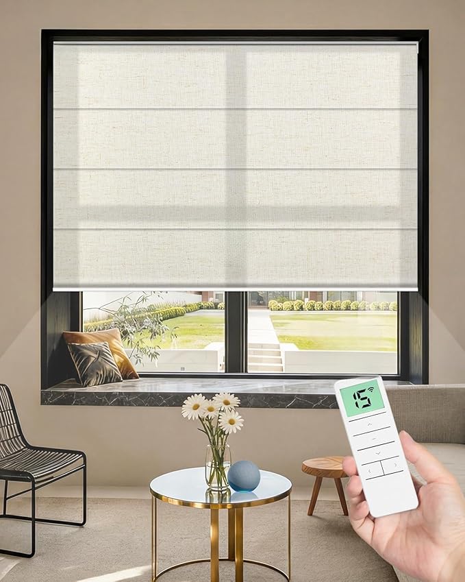 Motorized Roman Shades for Windows, Custom Light Filtering Roman Blinds with Remote, Smart Privacy Window Shades for Living Room Kitchen Office, Alexa & Google Home Compatible, App Control via RF Hub