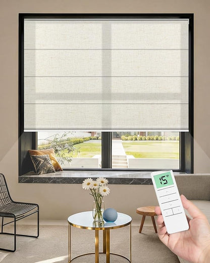 Motorized Roman Shades for Windows, Custom Light Filtering Roman Blinds with Remote, Smart Privacy Window Shades for Living Room Kitchen Office, Alexa & Google Home Compatible, App Control via RF Hub
