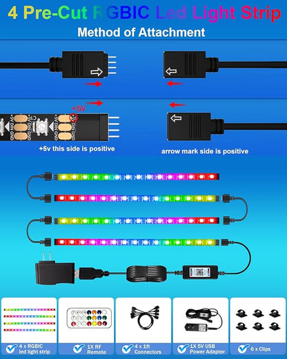 LED Strip Lights 4 Pre-Cut RGB Led Light Strip With APP & Remote Control, Multi-color Music Sync Changing Strip Lights for Cabinets Shelf Closets TV Backlight Kitchen Bedroom, With Power Adapter