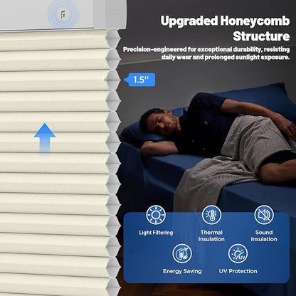 Motorized Cellular Shades with Remote, Light Filtering Smart Cellular Shades Compatible with Alexa, Honeycomb Window Blinds for Bedroom Home Office, Custom Size, Half Shading Cream