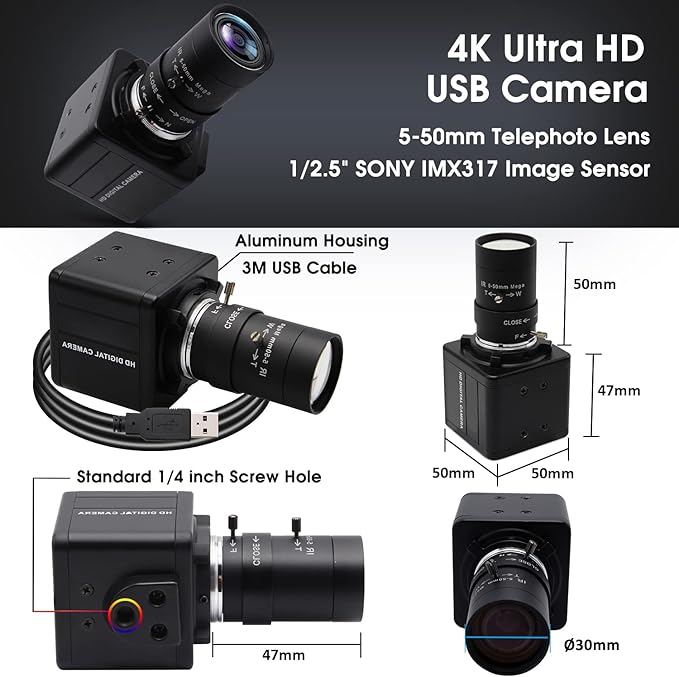 SVPRO 4K Ultra HD Webcam USB Digital Industrial Camera with CS Mount 5-50mm Telephoto Zoom Manual Lens UVC Free Drive,10X Optical Zoom Video Camera with Sony IMX317 Sensor