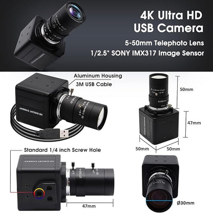 SVPRO 4K Ultra HD Webcam USB Digital Industrial Camera with CS Mount 5-50mm Telephoto Zoom Manual Lens UVC Free Drive,10X Optical Zoom Video Camera with Sony IMX317 Sensor