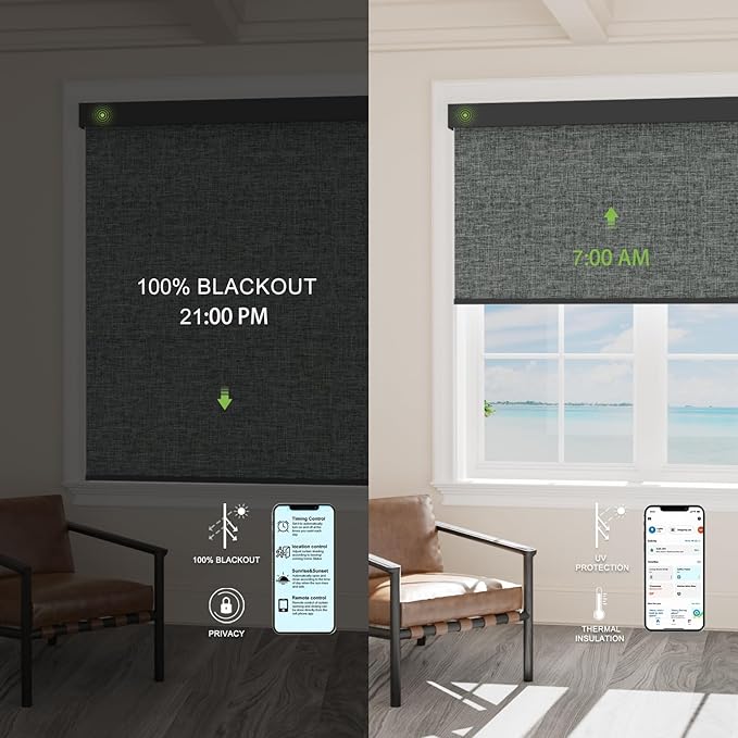 Motorized Blinds with Remote，100% Blackout Smart Blinds Motorized Roller Shades Compatible with Alexa Automatic Blinds for Windows Electric Window Blinds Customized Size Deep Gray Mist