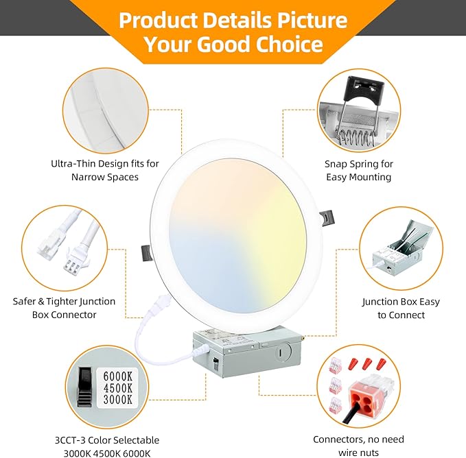 LZHOME 12 Pack 8 Inch LED Recessed Lighting with Junction Box Ultra-Thin, 3000K/4500K/6000K Selectable, 8" Dimmable Canless LED Downlight, 1800LM CRI80 High Brightness 5%-100% Recessed Light