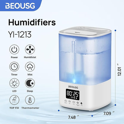 5L Top Fill Ultrasonic Humidifier,Cool Mist Humidifiers with Timer & Humidity Control for Bedroom, Baby, Large Rooms & Plants (White)