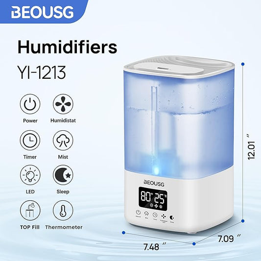 5L Top Fill Ultrasonic Humidifier,Cool Mist Humidifiers with Timer & Humidity Control for Bedroom, Baby, Large Rooms & Plants (White)