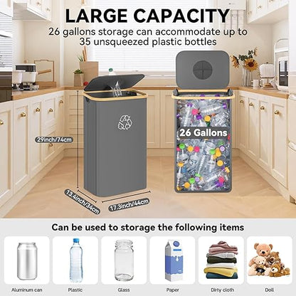 Recycling Bin for Kitchen, 26 Gallon 100L Indoor Home Recycle Bin with Lid and 2 Removeable Reusable Inner Bags, for Bottles, Cans, Glass, Plastic & Stickers, Grey