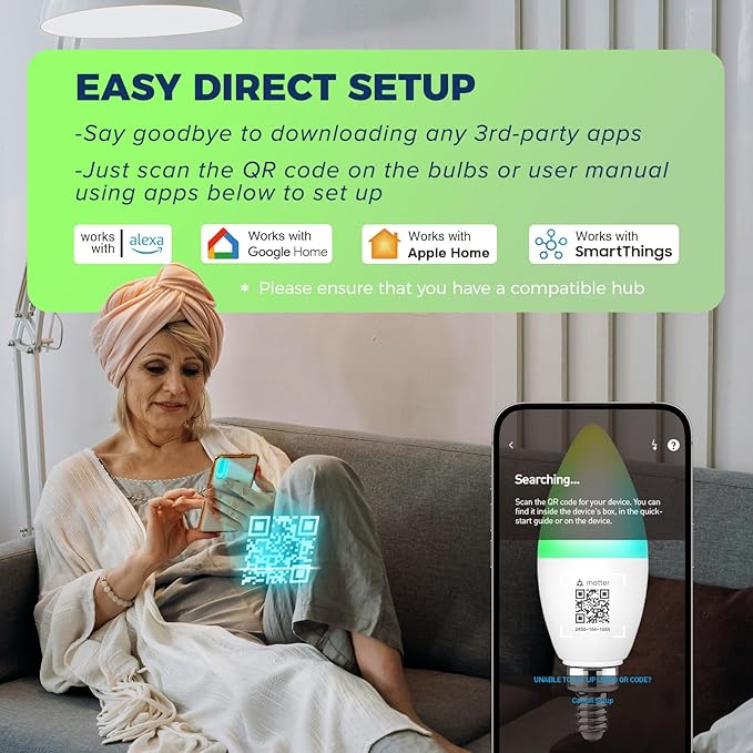 Lightinginside Matter-Enabled E12 Smart Light Bulbs 60W Equivalent, Candelabra Light Bulbs Compatible with Alexa/Apple Home/Google Home/SmartThings, RGBCW, 2.4G WiFi, ETL Listed, Hub Required, 2PCS