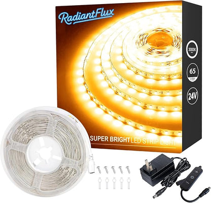 RadiantFlux Warm White Led Strip Lights for Bedroom, 65ft 1200Leds, Dimmable,Flexible, Super Bright LED Tape Lights for Living Room, Kitchen, Vanity Mirro （Indoor Use）