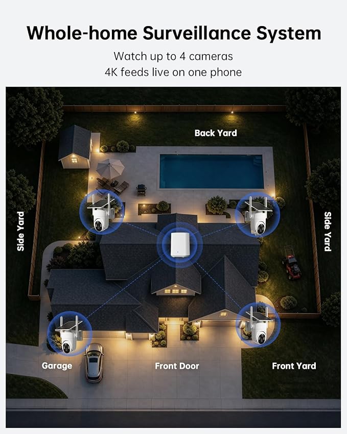 ELYSOO 4K Solar Security Cameras Wireless Outdoor Home System, 4-Cam Kit
