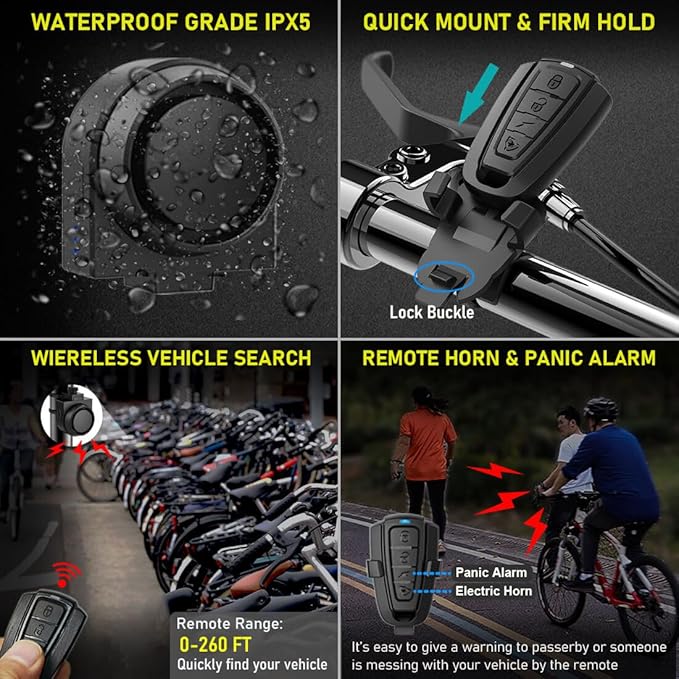 PADONOW Wireless Remote Bike Alarm: 115dB Super Loud Bicycle Vibration Motion Sensor Siren Anti Theft Security System Motorcycle Alarm Waterproof USB-C Rechargeable Multipurpose Vehicle Alert Device