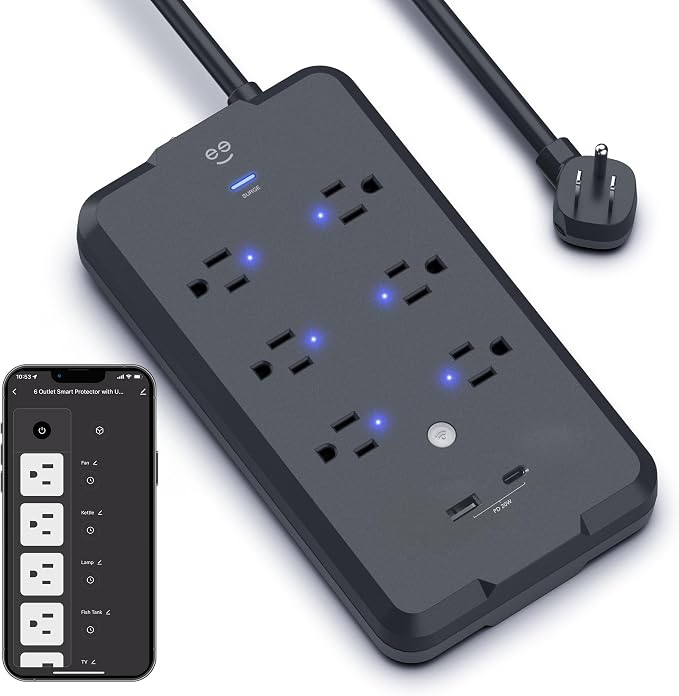 Geeni Smart Plug Power Strip, 6 Outlets & 2 USB Ports, Surge, 6 ft., Black | 6 smart outlets, 2 always-on outlets, Wi-Fi & voice control, 1200 joules protection