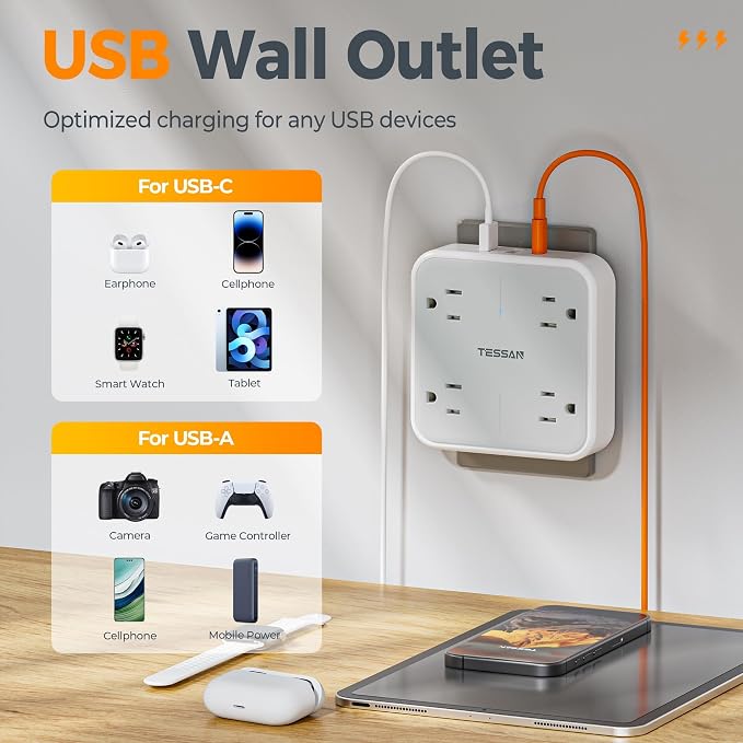 TESSAN Multi Plug Outlet Extender, Surge Protector Outlet 3 USB (1 USB C) | Wall Charger, Multiple Outlet Wall Plug, USB Outlet Splitter for Home, Bathroom, Office, Dorm Room Essentials, Gray