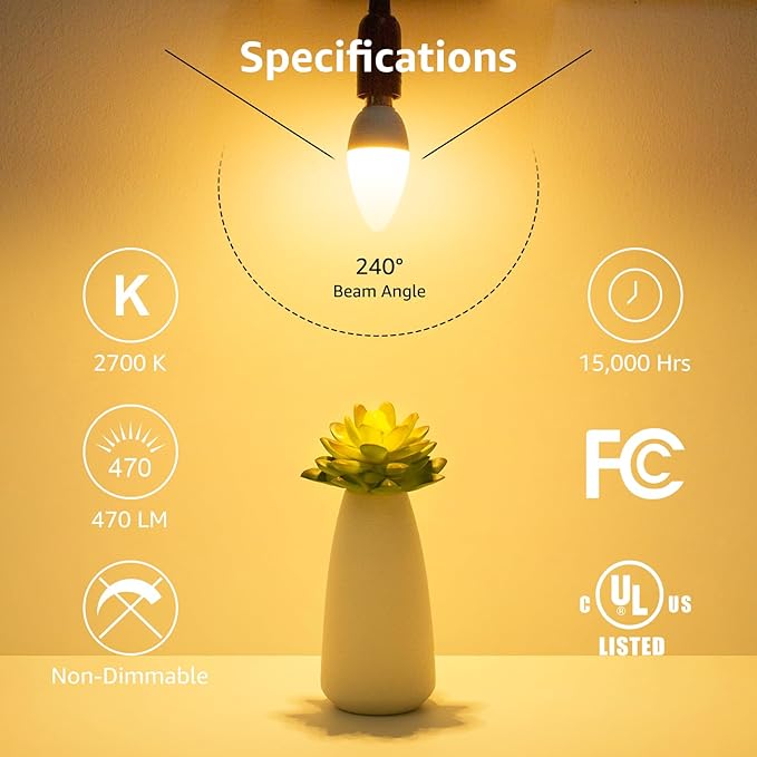 Lepro E12 LED Candelabra Light Bulbs, 5.5 watt, 40 watt Equivalent C37 B11 Ceiling Fan Bulb Chandelier Bulbs, 2700 Kelvin Warm White Type B Small Base Candle Lights, Frosted Plastic Shell, 3-Pack