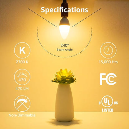 Lepro E12 LED Candelabra Light Bulbs, 5.5 watt, 40 watt Equivalent C37 B11 Ceiling Fan Bulb Chandelier Bulbs, 2700 Kelvin Warm White Type B Small Base Candle Lights, Frosted Plastic Shell, 3-Pack