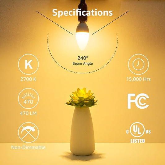 Lepro E12 LED Candelabra Light Bulbs, 5.5 watt, 40 watt Equivalent C37 B11 Ceiling Fan Bulb Chandelier Bulbs, 2700 Kelvin Warm White Type B Small Base Candle Lights, Frosted Plastic Shell, 3-Pack