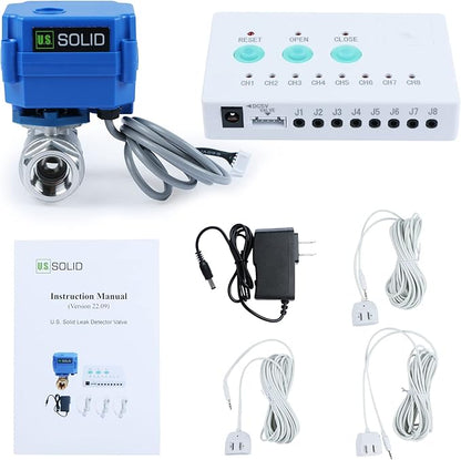 U.S. Solid Water Leak Detector with Auto Shut-Off Valve & Sound Alarm, 1/2" NSF Certified 304SS Motorized Ball Valve with 3 Sensors, Smart Sensor System for Water Heaters, Laundry & Flood Prevention