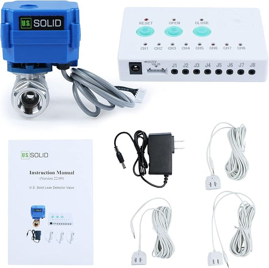 U.S. Solid Water Leak Detector with Auto Shut-Off Valve & Sound Alarm, 1/2" NSF Certified 304SS Motorized Ball Valve with 3 Sensors, Smart Sensor System for Water Heaters, Laundry & Flood Prevention