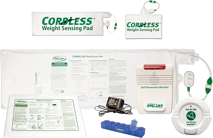 Smart Caregiver Wireless Bed Alarm System Kit - Cordless Weight Sensing 10x30 in Pad and Chair Pad, with AC Adapter and Nurse Call Button