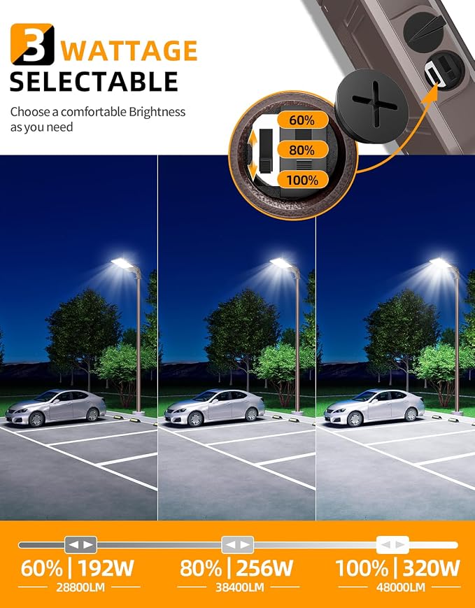 6 Pack LED Parking Lot Light 320W 256W 192W Adjustable, UL Listed 5700K 5000K 4500K Tunable, 48000LM Commercial Street Area LED Shoebox Light with Photocell, AC100-277V