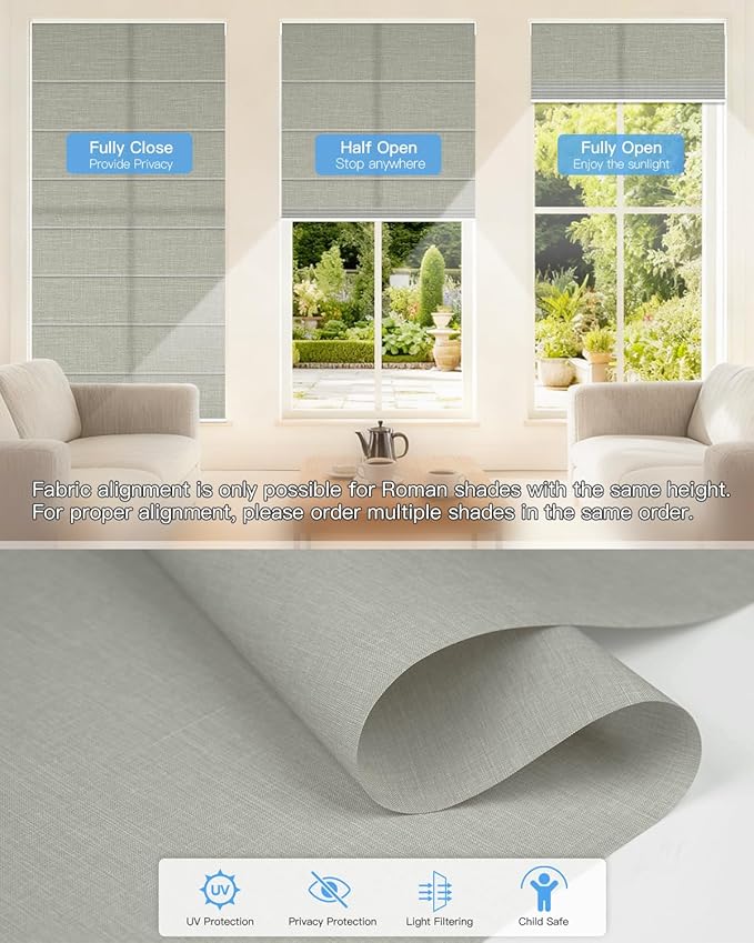 Motorized Roman Shades for Windows, Custom Light Filtering Roman Blinds with Remote, Smart Privacy Window Shades for Living Room Kitchen Office, Alexa & Google Home Compatible, App Control via RF Hub