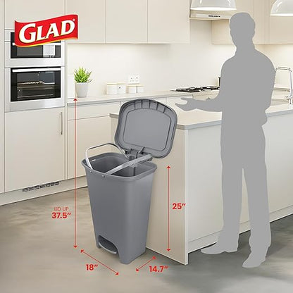 Glad Kitchen Trash Can | Large Plastic Waste Bin with Odor Protection of Lid | Hands Free with Step On Foot Pedal and Garbage Bag Rings, 13 Gallon, Grey
