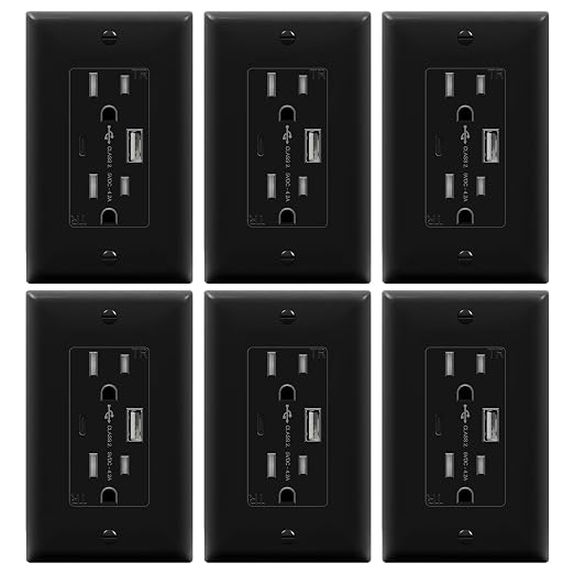TOPGREENER 2-Port USB Outlet, Type C USB Wall Charger Outlet, Black,6 Pack | 4.2A USB Receptacle with Type A&C USB Ports, 15 Amp TR Receptacle Plug, Wall Plate Included, Electrical USB Socket, UL Listed