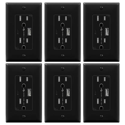 TOPGREENER 2-Port USB Outlet, Type C USB Wall Charger Outlet, Black,6 Pack | 4.2A USB Receptacle with Type A&C USB Ports, 15 Amp TR Receptacle Plug, Wall Plate Included, Electrical USB Socket, UL Listed