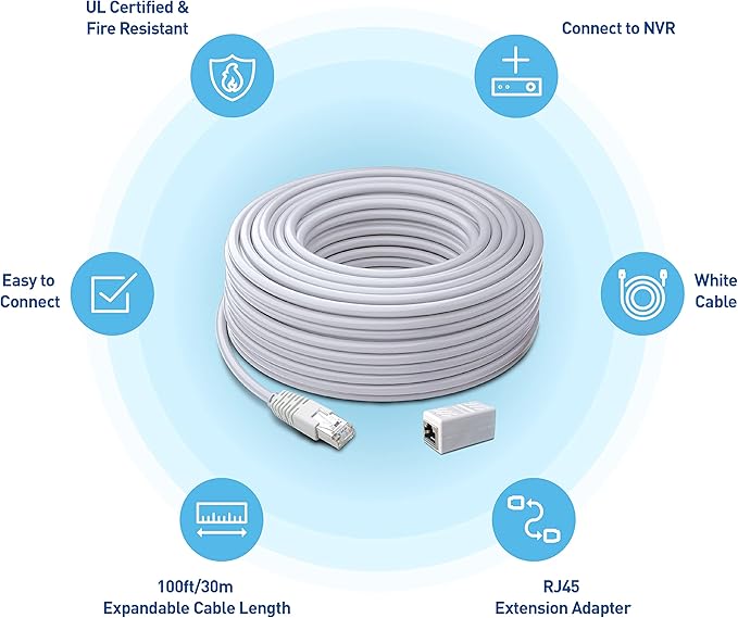 Swann Security Cat5 Ethernet Cable, NVR Extension Cord for PoE Camera, 100 Ft/30M, SWNHD-30MCAT5E