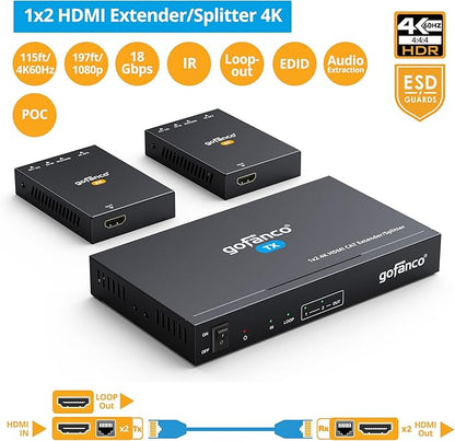 gofanco 1x2 HDMI Extender/Splitter over CAT6/7 – 1080p up to 197ft(60m), 4K60Hz up to 115ft(35m), HDR, HDCP 2.2,IR,EDID,PoC,Loopout,5.1-ch Digital Audio, Coaxial/Analog Audio Extraction (HD20Ext-2Pv2)