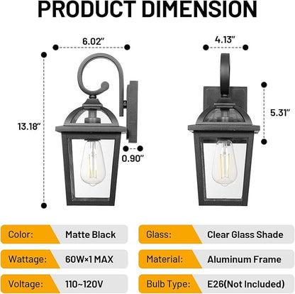 Front Porch Lights Outdoor Wall Lights Exterior Wall Sconce, Black Exterior Light Fixtures with Clear Glass, Farmhouse Outdoor Lighting Fixtures for House Front Door Garage Patio, Set of 2