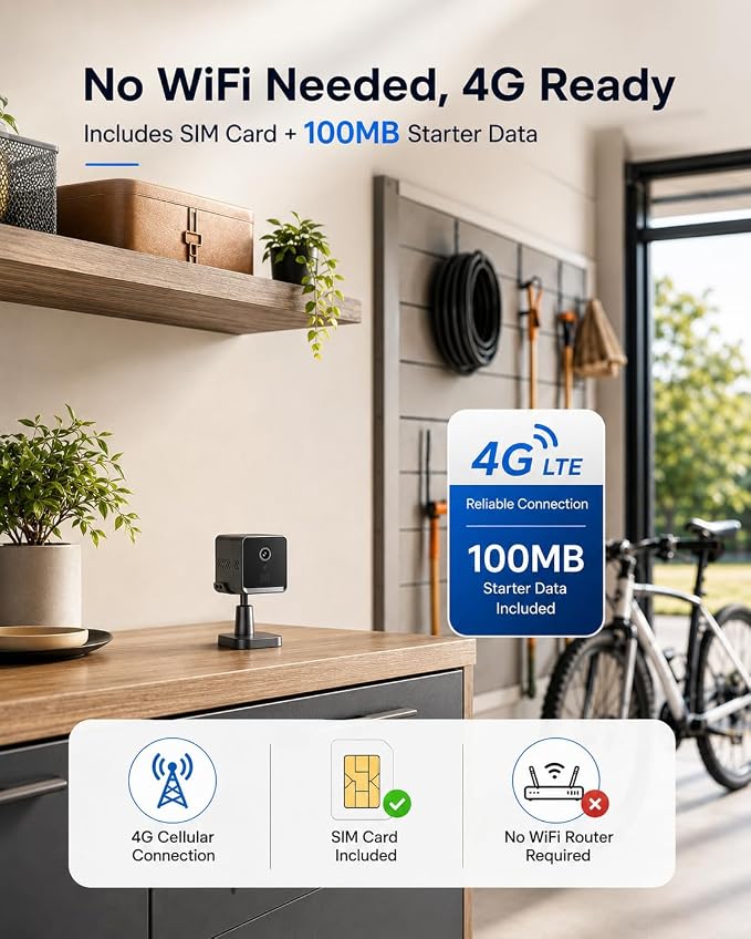 4G LTE Cellular Security Camera, No WiFi 2K HD Indoor Surveillance Camera with Built-In SIM Card for Remote Viewing, PIR Motion Detection Auto Night Vision Real-Time Alerts, Portable Battery Camera