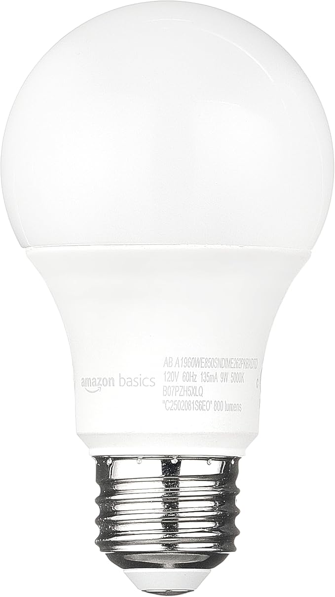 Amazon Basics A19 Dusk to Dawn Sensor LED Outdoor Light Bulbs, 60W Equivalent, Energy-Efficient 9W, Daylight 5000K, E26 Base, Auto On/Off, Porch, 10,000 Hours, 2-Pack