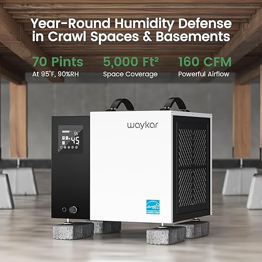 Waykar 70 Pint Energy Star Crawl Space Dehumidifier with Drain Hose, Commercial Dehumidifier for Basements and Home, for Spaces up to 5000 Square Feet, Smart Humidity Control - 5-Year Quality Coverage