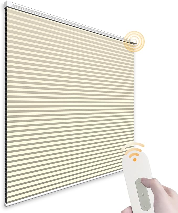 Motorized Cellular Shades Cordless Blackout Rechargeable Window Shades with Remote for Privacy Protection Smart Home Electric Curtains Automatic Honeycomb Blinds for Windows, 32" x 48", Beige