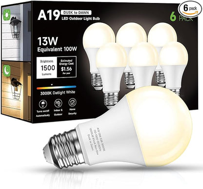 Dusk to Dawn Sensor LED Outdoor Light Bulb, Warm White 3000K, A19 13W(100 Watt Equivalent) Bright Porch Lighting, 1200LM, Auto-On/Off Photocell Sensor for Garage Yard Patio Garden- 6 Pack