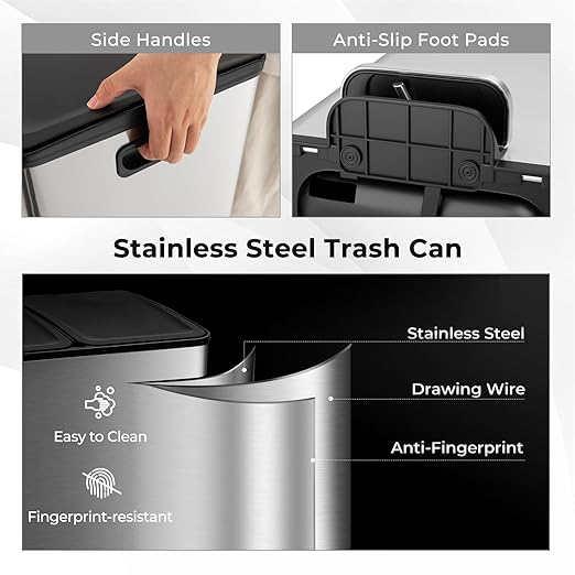 Goplus Dual Trash Can, 16 Gallon/ (2x30L) Double Trash and Recycling Bin Combo for Kitchen, Stainless Steel Garbage Can with 2 Removable Inner Buckets, Soft Closure & Step-on Pedal