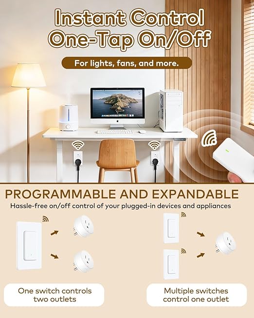 NineLeaf Wireless Remote Control Outlet Plug Kit, 5 Plug-in Light Switches with 2 Wall Remotes, 15A/1500W, No Wiring Needed, 500ft RF Range, Remote Light Switch for Lamps & Household Appliances