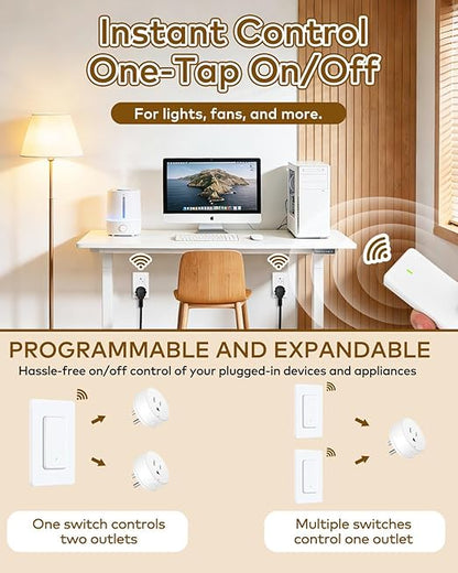 NineLeaf Wireless Remote Outlet Switch,Remote Lamp Switch,On Off Light Plug Decorator Switches Wall Mounted, 500FT, 15A/1500W, TUV List,Programmable, No Wiring,Lamp,Fans,Household Appliances