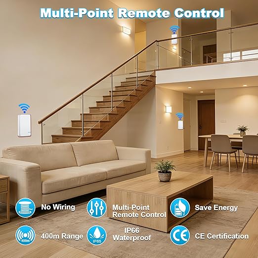NineLeaf Wireless Light Switch Kit, No Wiring Remote Control, Mini Receiver for Ceiling Lights,Lamps, No WiFi, 1969FT Outdoor 328FT Indoor Range, IP66 Waterproof, 1000W LED(2Switches 1Receiver)