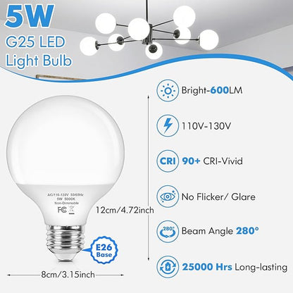 Brightever G25 LED Light Bulbs, 5W Vanity Light Bulbs for Bathroom, 60W Equivalent 5000K Daylight White Round Light Bulb, E26 Base, 600LM, Globe Light Bulbs Non-Dimmable, 12-Pack
