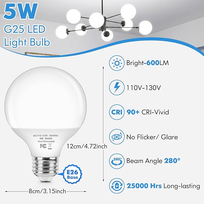 Brightever G25 LED Globe Light Bulbs 60W Equivalent, 5000K Daylight White LED Vanity Light Bulbs with E26 Standard Base for Bathroom, 5W Round Light Bulb for Vanity Mirror, 600LM, 4-Pack, Non-Dimmable